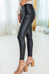 Black Faux Leather Zipped Detail Leggings-Bottoms-MomFashion