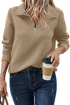 Pale Khaki Solid Half Zipper Quilted Pullover Sweatshirt-Tops-MomFashion