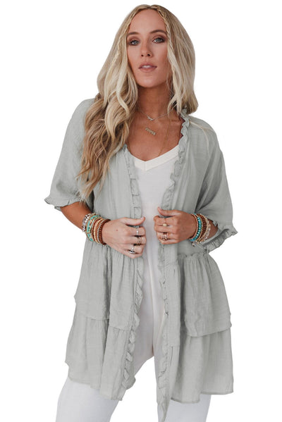 Gray Ruffled Trim Half Sleeve Open Front Kimono-Outerwear-MomFashion