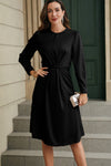 Black Twist Front Tie Back Long Sleeve Satin Dress-Dresses-MomFashion