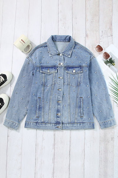 Mist Blue Rhinestones Studded Denim Jacket-Outerwear-MomFashion