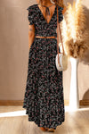 Black Multicolor Floral Ruffled Crop Top and Maxi Skirt Set-Dresses-MomFashion