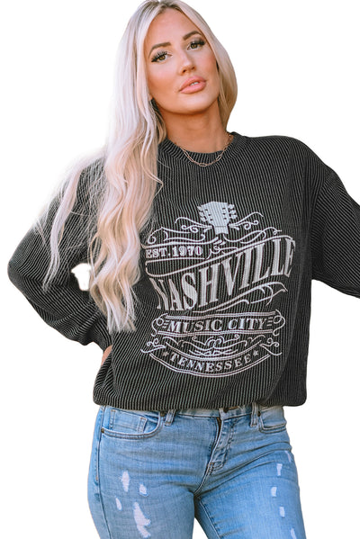 Black NASHVILLE MUSIC CITY Corded Graphic Sweatshirt-Tops-MomFashion