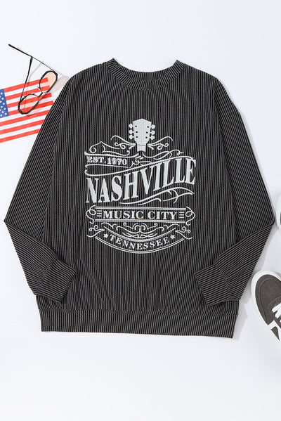 Black NASHVILLE MUSIC CITY Corded Graphic Sweatshirt-Tops-MomFashion