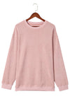 Pink Solid Ribbed Knit Round Neck Pullover Sweatshirt-Tops-MomFashion