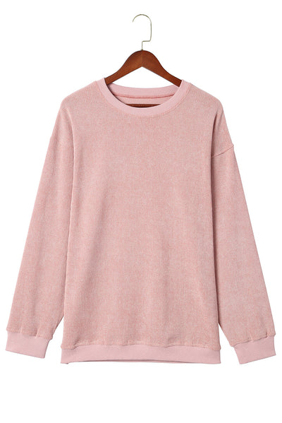 Pink Solid Ribbed Knit Round Neck Pullover Sweatshirt-Tops-MomFashion