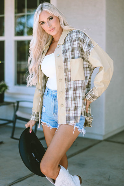 Khaki Distressed Raw Edge Plaid Patchwork Denim Jacket-Outerwear-MomFashion