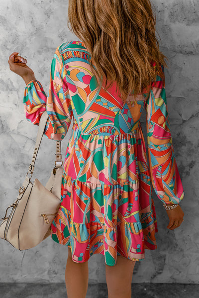 Multicolor Geometric Print Split Neck Ruffle Tiered Mini Dress-Dresses-MomFashion