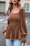 Chestnut Smocked Ribbed Velvet Babydoll Top-Tops-MomFashion