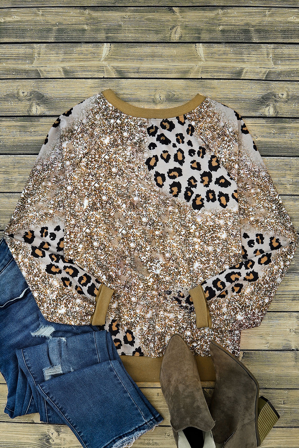 Leopard Print Bleached Long Sleeve Top-Tops-MomFashion
