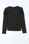 Black Buttoned Puff Long Sleeve Sheath Top-Tops-MomFashion