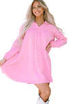 Pink Turn-down Neck Textured Bubble Sleeve Dress-Dresses-MomFashion