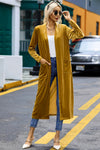 Yellow Velvet Open Front Pocketed Long Duster-Tops-MomFashion