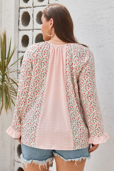 Pink Dotty Floral Patchwork Plus Size Long Sleeve Blouse-Plus Size-MomFashion