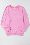 Bonbon Pearl Detail Ribbed Crew Neck Sweatshirt-Tops-MomFashion