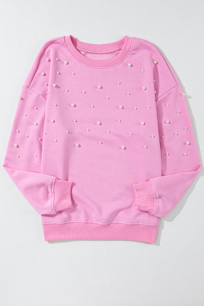 Bonbon Pearl Detail Ribbed Crew Neck Sweatshirt-Tops-MomFashion