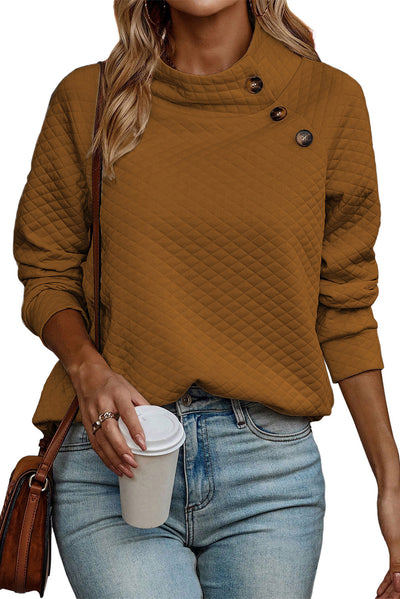 Chestnut Quilted Buttoned Neckline Stand Neck Pullover Sweatshirt-Tops-MomFashion