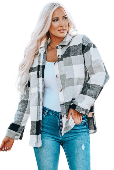 Gray Plaid Color Block Buttoned Long Sleeve Jacket with Pocket-Outerwear-MomFashion