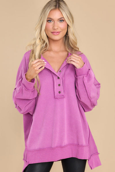 Purple Oversized Exposed Seam Henley Sweatshirt-Tops-MomFashion