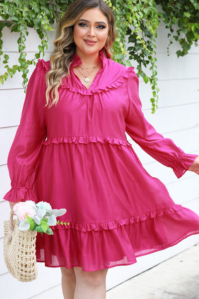 Rose Plus Size Ruffled Bubble Sleeve Dress-Plus Size-MomFashion