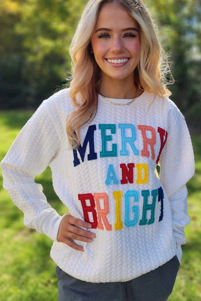 White Merry And Bright Cable Knit Pullover Sweatshirt-Tops-MomFashion