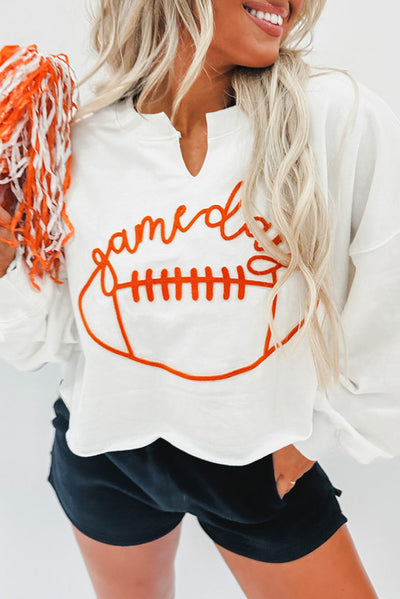 Bright White Game Day Lettering Rugby Notched Neck Sweatshirt-Tops-MomFashion