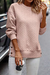 Pale Chestnut Side Buttons Cable Textured Sweatshirt-Tops-MomFashion