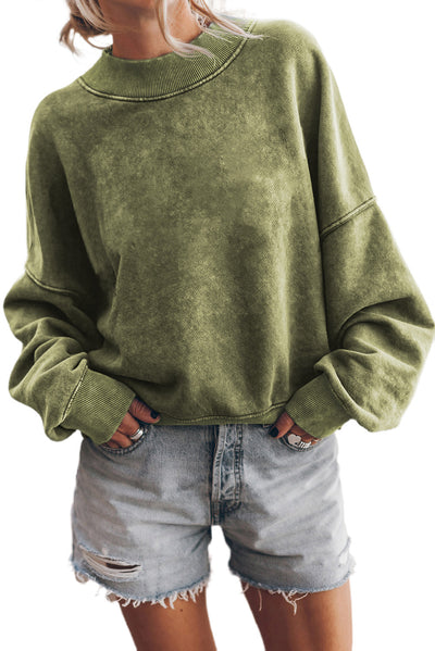 Green Drop Shoulder Crew Neck Pullover Sweatshirt-Tops-MomFashion