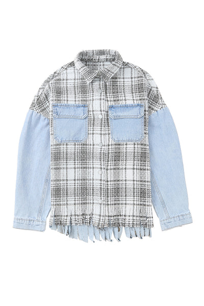 Sky Blue Plaid Patchwork Fringed Flap Pockets Denim Jacket-Outerwear-MomFashion