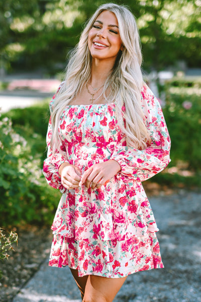 Pink Ruffle Tiered High Waist Puff Sleeve Floral Dress-Dresses-MomFashion