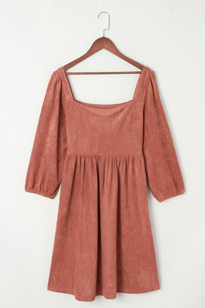 Brown Suede Square Neck Puff Sleeve Dress-Dresses-MomFashion