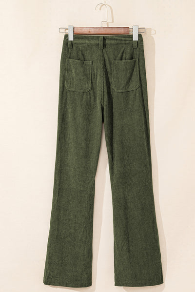 Green High Waist Square Pockets Corduroy Pants-Bottoms-MomFashion