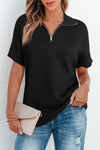 Black Quarter Zip Short Batwing Sleeve Sweater-Tops-MomFashion