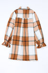 Khaki Plaid Pattern Collared Neck Ruffled Sleeve Shirt Dress-Dresses-MomFashion