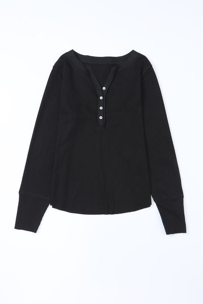 Black Trimmed Neckline Waffle Knit Henley Top-Tops-MomFashion