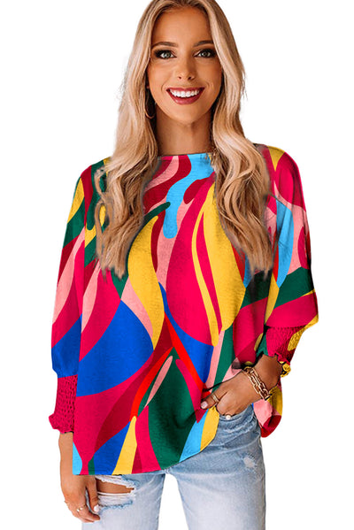 Multicolor Abstract Print Smocked Puff Sleeve Blouse-Tops-MomFashion