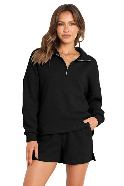 Black Ribbed Zipper Sweatshirt and High Waist Shorts Set-Loungewear-MomFashion