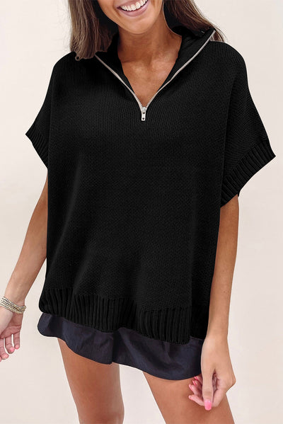 Black Quarter Zip Short Batwing Sleeve Sweater-Tops-MomFashion