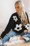 Black Big Flower Pattern Knit Sweater-Tops-MomFashion