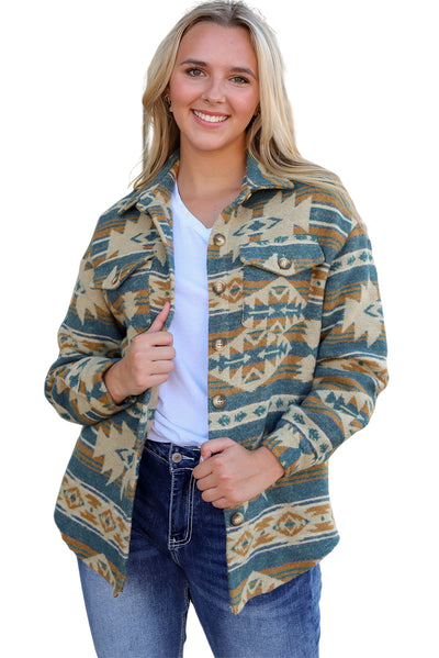 Blue Western Aztec Print Button Flap Pocket Shacket-Outerwear-MomFashion