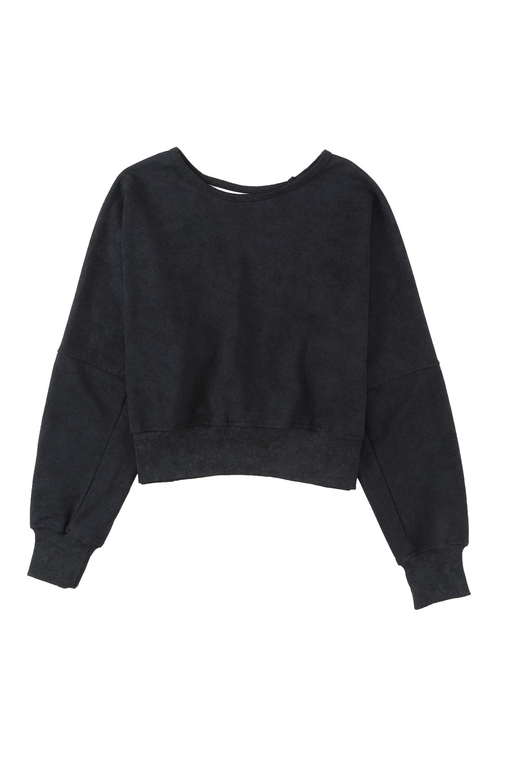 Black Acid Wash V-shape Open Back Sweatshirt-Tops-MomFashion