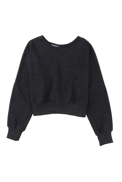 Black Acid Wash V-shape Open Back Sweatshirt-Tops-MomFashion