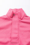 Bright Pink Textured Zipped Neckline Kangaroo Pocket Sweatshirt-Tops-MomFashion