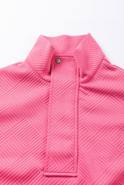 Bright Pink Textured Zipped Neckline Kangaroo Pocket Sweatshirt-Tops-MomFashion