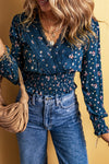 Blue Lace Trim V Neck Floral Smocked Long Sleeve Blouse-Tops-MomFashion