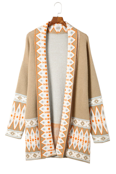 Khaki Aztec Print Open Front Knitted Cardigan-Tops-MomFashion