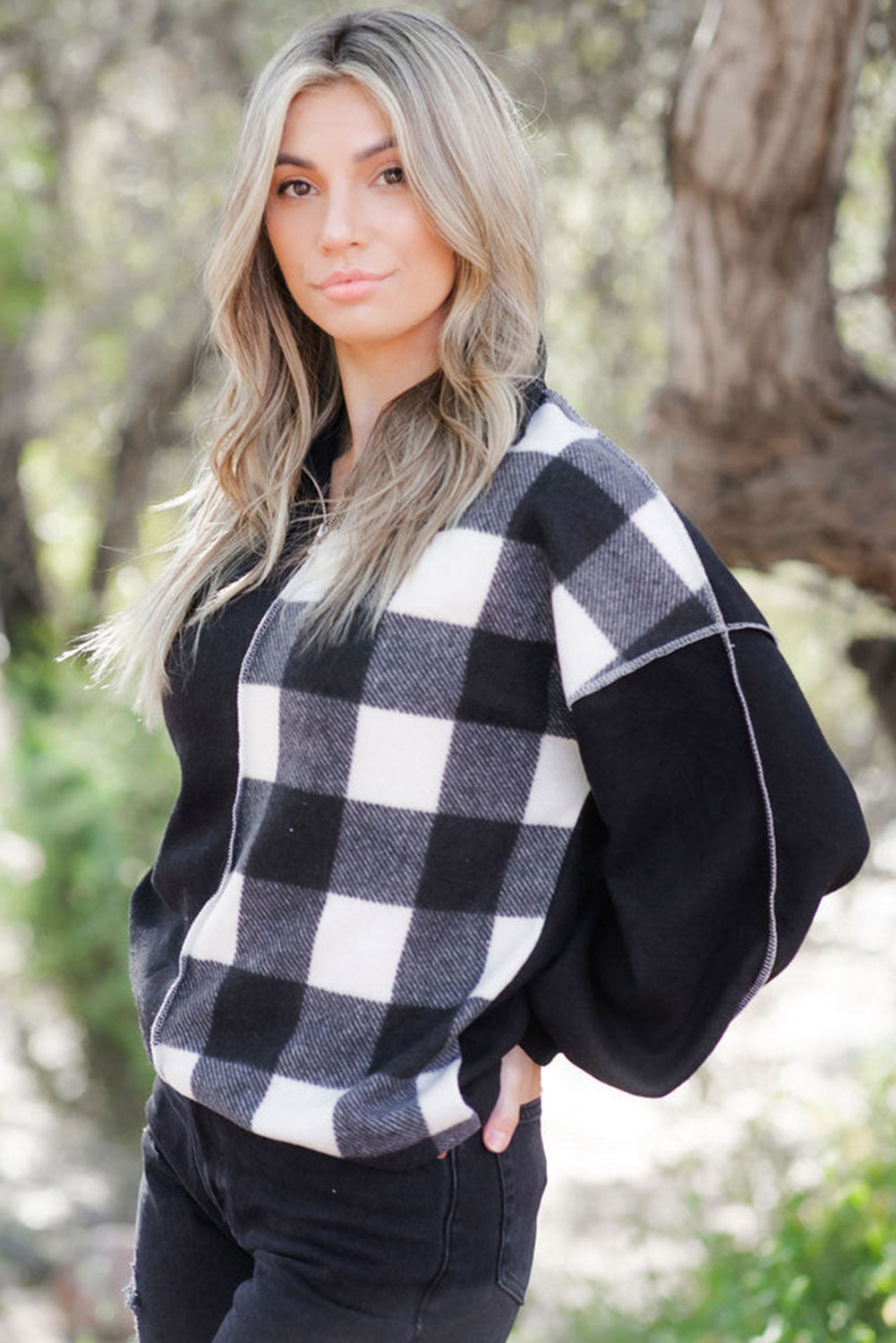 Black Checkboard Patchwork Exposed Stitching Collared Top-Tops-MomFashion