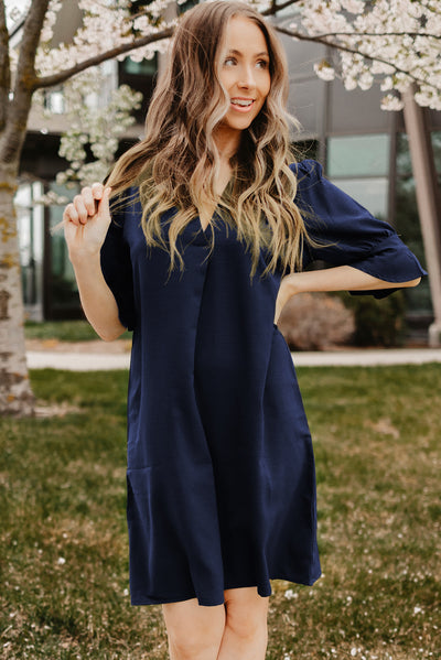 Blue Ruffled Sleeve Shift Dress-Dresses-MomFashion