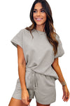 Gray 2pcs Solid Textured Drawstring Shorts Set-Loungewear-MomFashion