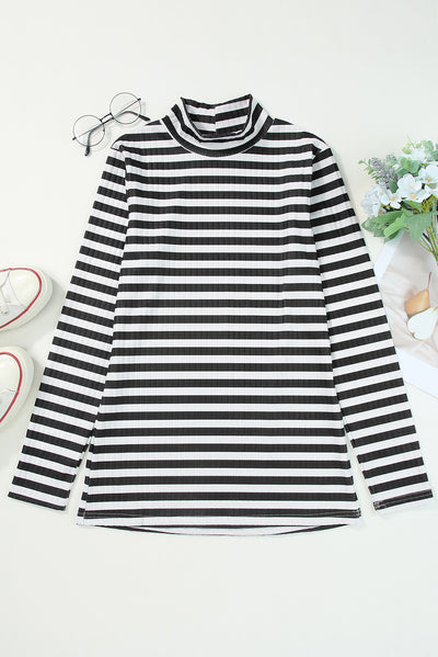 Black Striped Print Textured Knit Long Sleeve Tee-Tops-MomFashion